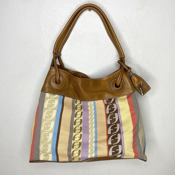 Fossil Logo Leather And Fabric Shoulder‎ Tote Bag Purse Key Multicolor Y2K - Picture 1 of 14